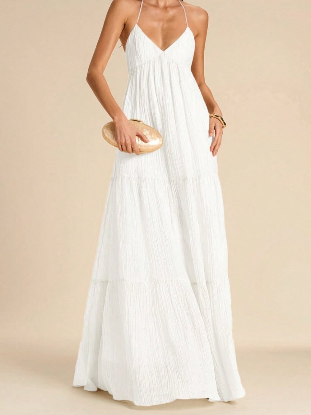 White Boho Women's Spaghetti Strap Backless Tie Bow Pleated Dress